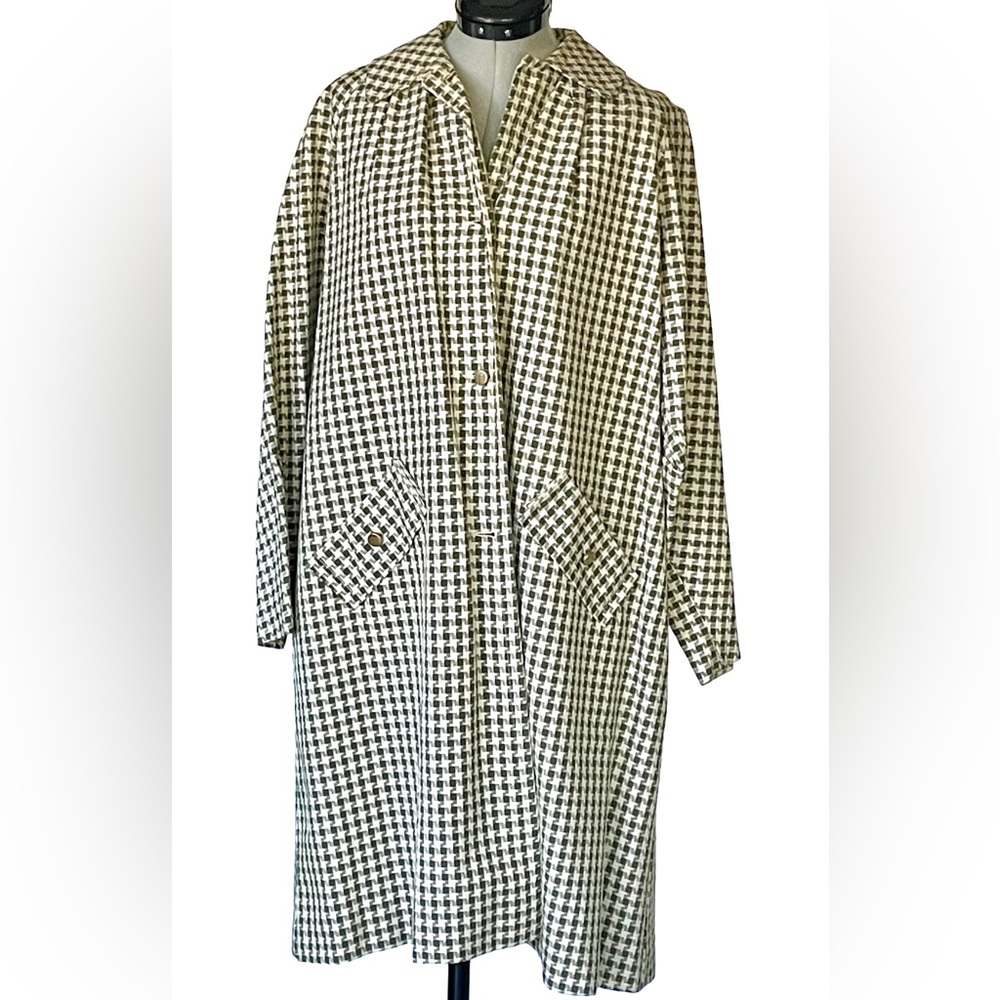 Vintage checkered swingcoat/trench, Drk olive green and white, pockets, GUC